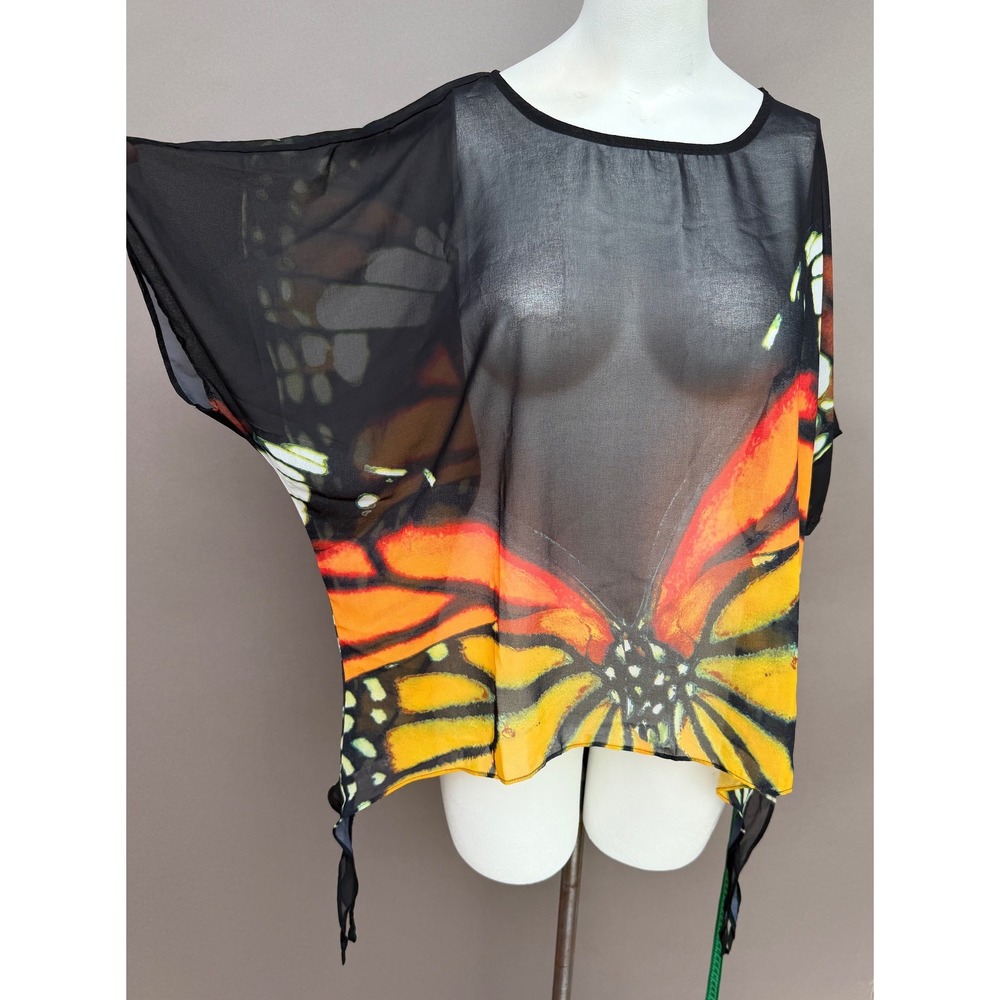 Colleen Lopez Butterfly Print Sheer Chiffon Top XS Black Orange Batwing Poncho